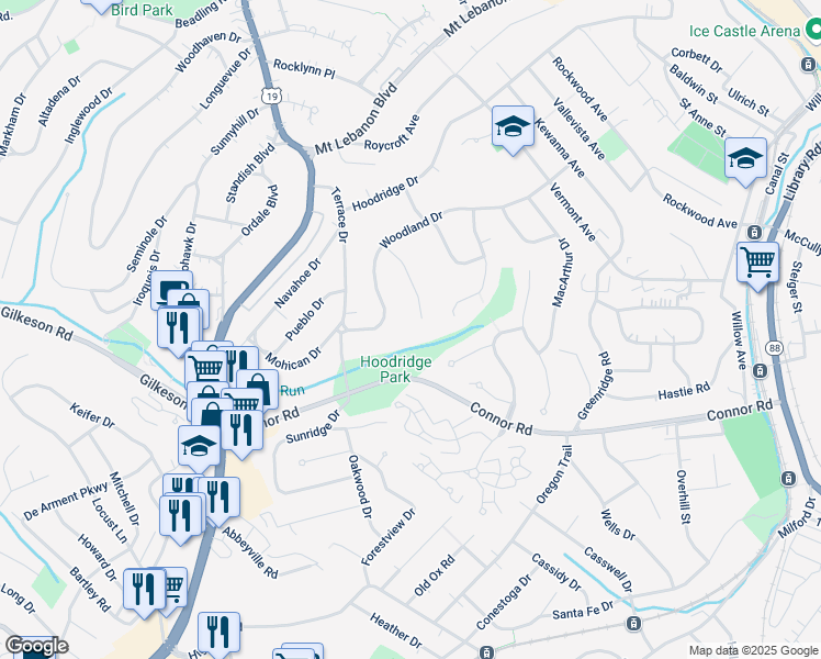 map of restaurants, bars, coffee shops, grocery stores, and more near 12 Woodland Drive in Pittsburgh