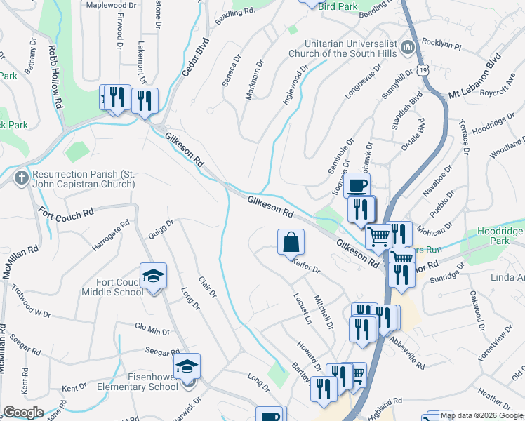 map of restaurants, bars, coffee shops, grocery stores, and more near 543 Locust Lane in Pittsburgh