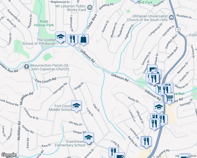 map of restaurants, bars, coffee shops, grocery stores, and more near 1736 Quigg Drive in Pittsburgh