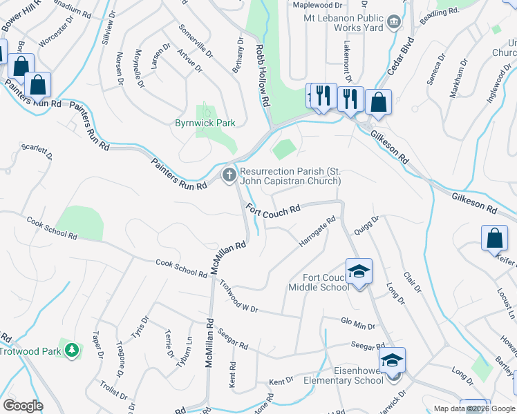 map of restaurants, bars, coffee shops, grocery stores, and more near 1656 Watterson Court in Pittsburgh