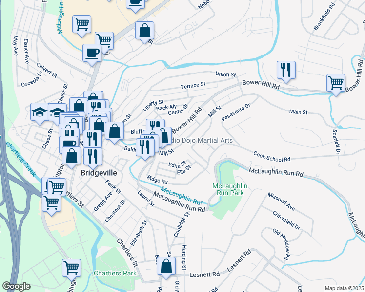 map of restaurants, bars, coffee shops, grocery stores, and more near 754 Mill Street in Bridgeville