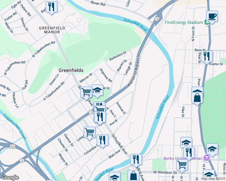 map of restaurants, bars, coffee shops, grocery stores, and more near 702 Warren Street in Reading