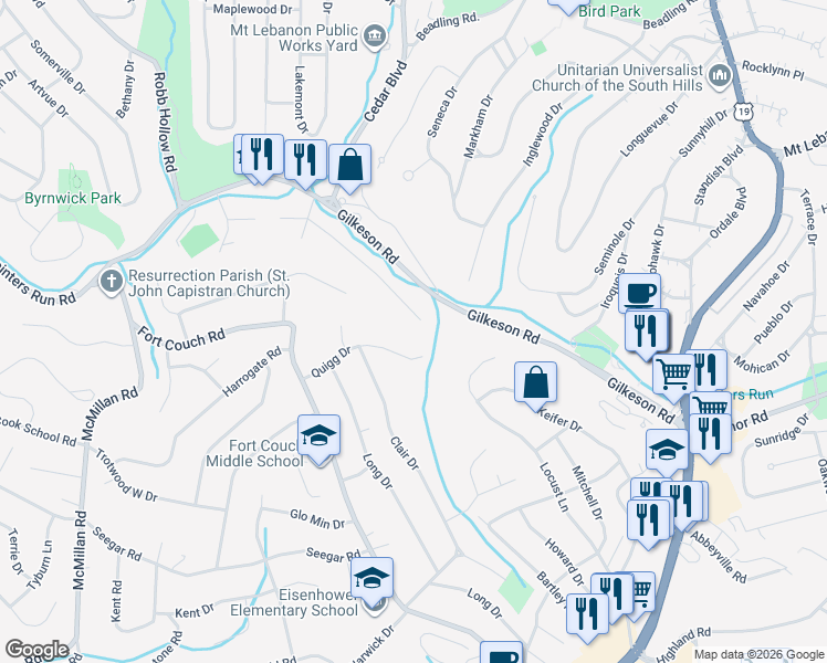 map of restaurants, bars, coffee shops, grocery stores, and more near 1736 Quigg Drive in Pittsburgh