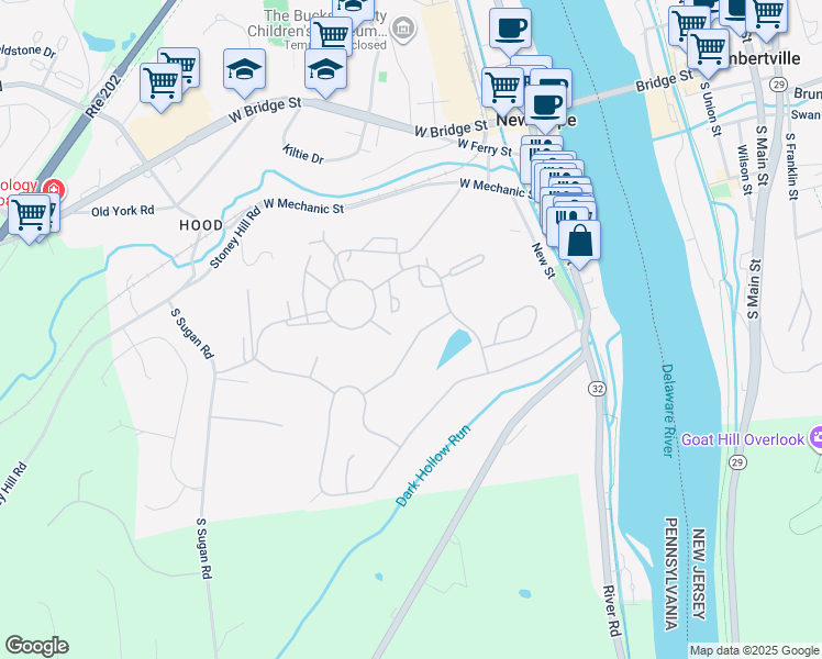 map of restaurants, bars, coffee shops, grocery stores, and more near 117 Lakeview Drive in New Hope