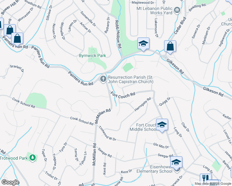 map of restaurants, bars, coffee shops, grocery stores, and more near 1656 Watterson Court in Pittsburgh