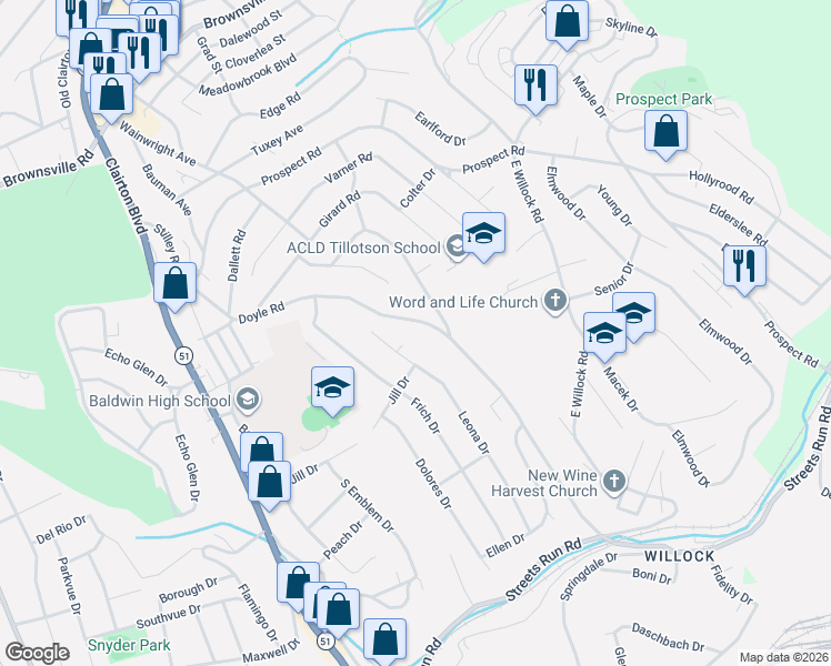 map of restaurants, bars, coffee shops, grocery stores, and more near 4895 Leona Drive in Pittsburgh