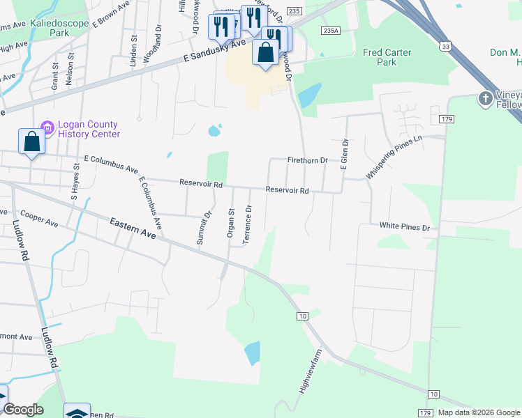 map of restaurants, bars, coffee shops, grocery stores, and more near 101-133 Heather Hill Drive in Bellefontaine
