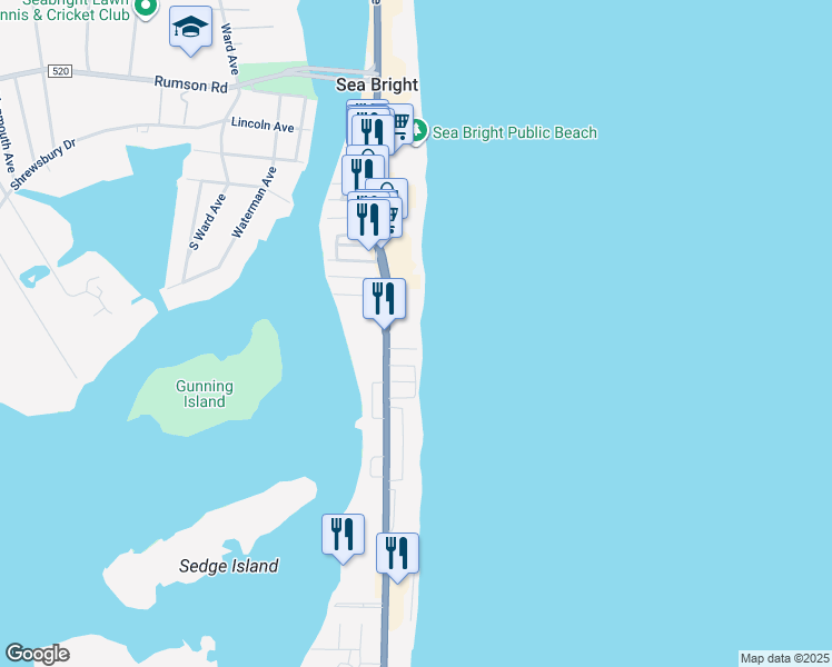 map of restaurants, bars, coffee shops, grocery stores, and more near 1201 Ocean Avenue in Sea Bright