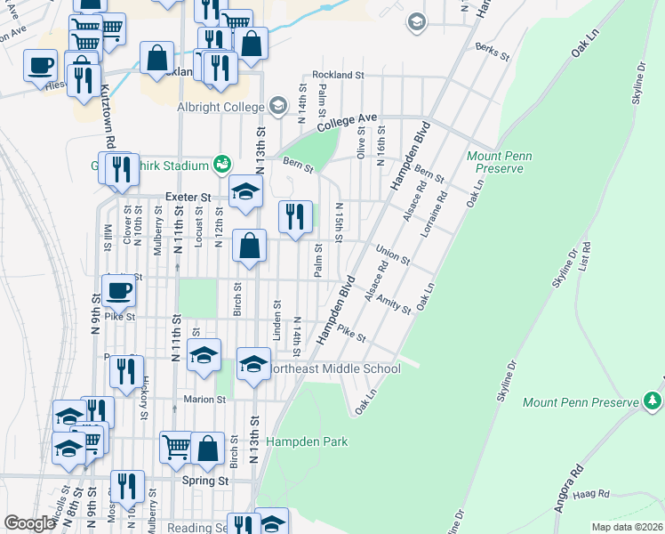 map of restaurants, bars, coffee shops, grocery stores, and more near 1422 Hampden Boulevard in Reading