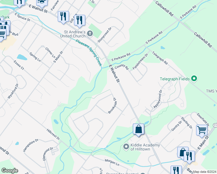 map of restaurants, bars, coffee shops, grocery stores, and more near 439 Brookside Drive in Perkasie