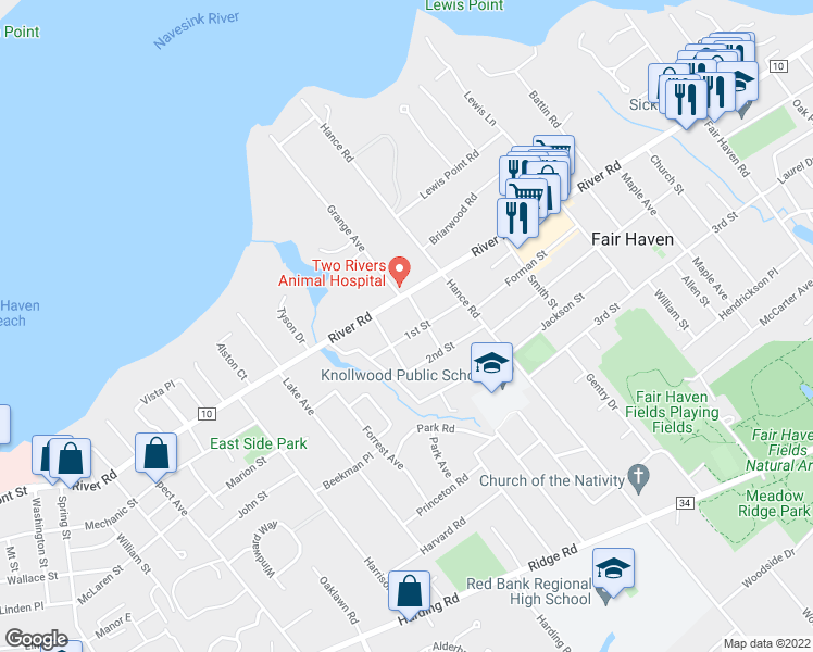 map of restaurants, bars, coffee shops, grocery stores, and more near 29 1st Street in Fair Haven