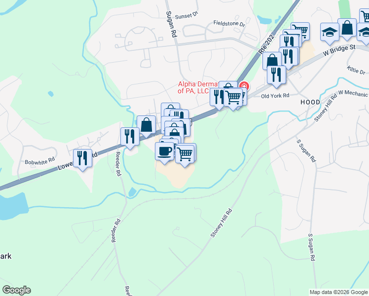 map of restaurants, bars, coffee shops, grocery stores, and more near 4 Village Row in New Hope