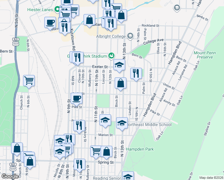 map of restaurants, bars, coffee shops, grocery stores, and more near 1435 North 12th Street in Reading