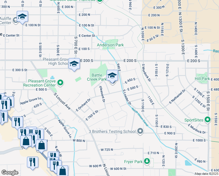 map of restaurants, bars, coffee shops, grocery stores, and more near 495 Valley View Drive in Pleasant Grove