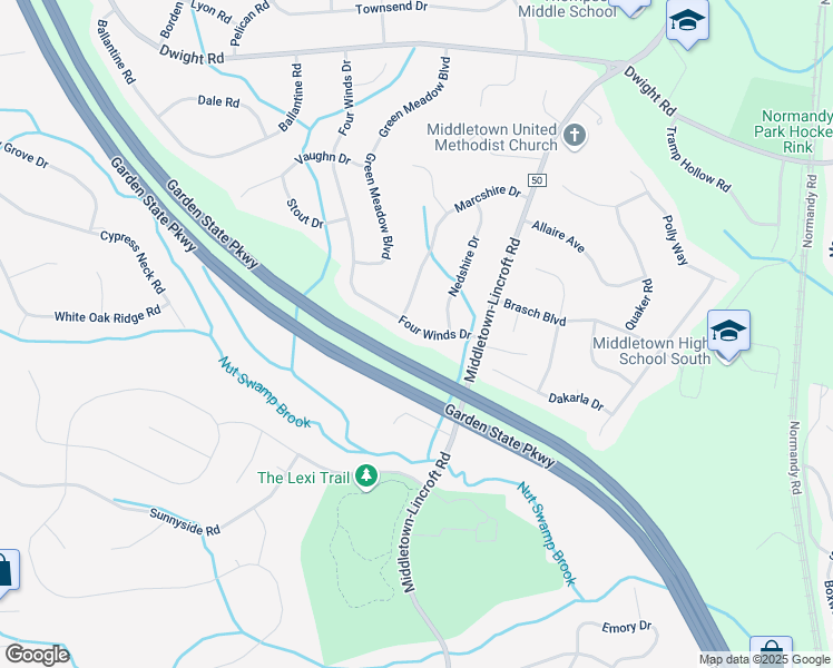 map of restaurants, bars, coffee shops, grocery stores, and more near 41 Four Winds Drive in Middletown
