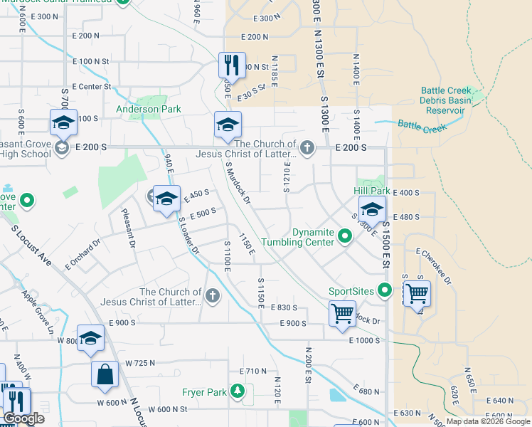 map of restaurants, bars, coffee shops, grocery stores, and more near 1176 East 470 South Street in Pleasant Grove