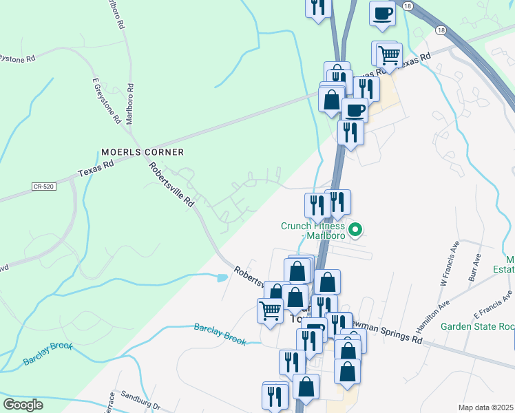 map of restaurants, bars, coffee shops, grocery stores, and more near 6 Stock Court in Old Bridge