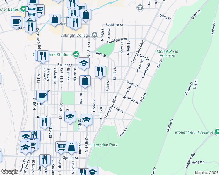 map of restaurants, bars, coffee shops, grocery stores, and more near in Reading