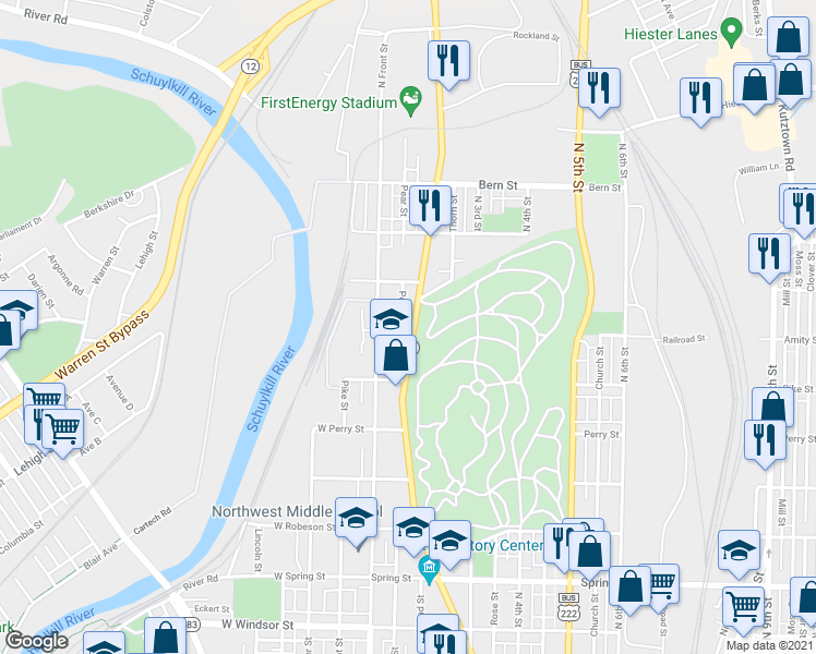 map of restaurants, bars, coffee shops, grocery stores, and more near 1450 North Front Street in Reading