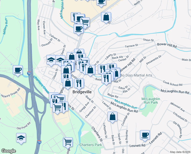 map of restaurants, bars, coffee shops, grocery stores, and more near 622 Baldwin Street in Bridgeville