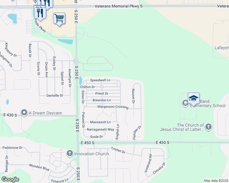 map of restaurants, bars, coffee shops, grocery stores, and more near 2798 Brewster Lane in Lafayette