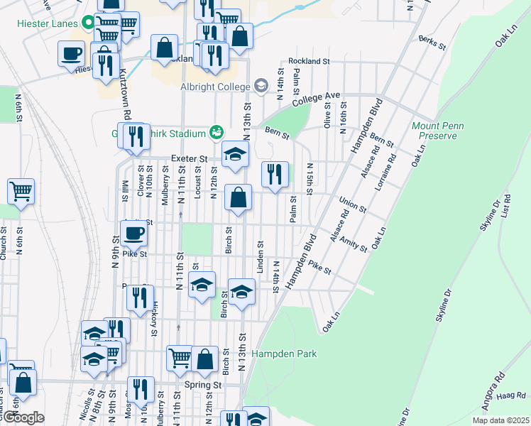 map of restaurants, bars, coffee shops, grocery stores, and more near 1431 East Linden Street in Reading