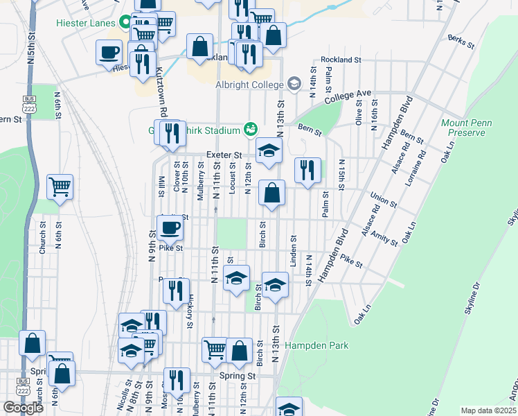 map of restaurants, bars, coffee shops, grocery stores, and more near 1435 North 12th Street in Reading
