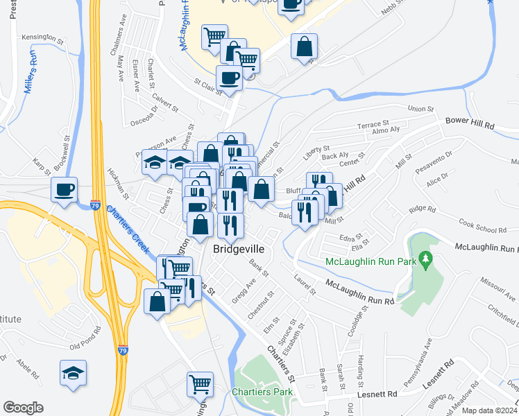 map of restaurants, bars, coffee shops, grocery stores, and more near 538 Baldwin Street in Bridgeville