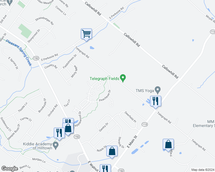 map of restaurants, bars, coffee shops, grocery stores, and more near 2542 Peachtree Drive in Perkasie