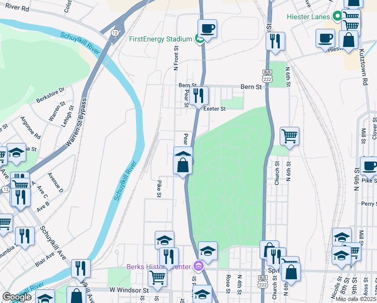 map of restaurants, bars, coffee shops, grocery stores, and more near 1502 Centre Avenue in Reading