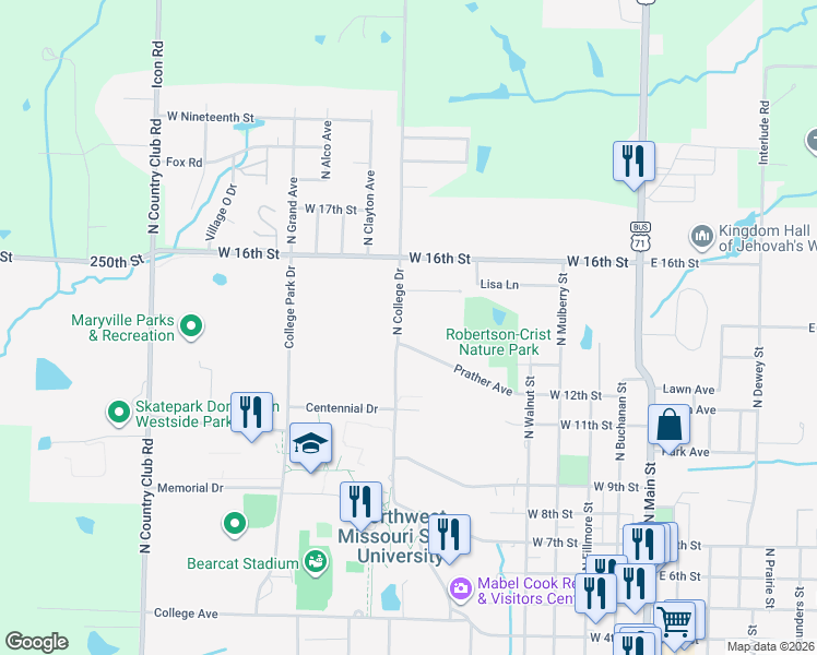 map of restaurants, bars, coffee shops, grocery stores, and more near 1401 North College Drive in Maryville