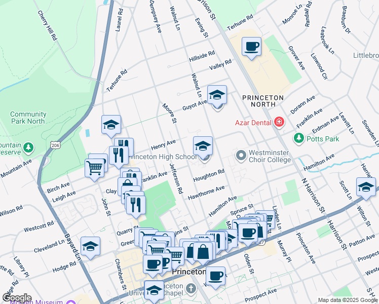 map of restaurants, bars, coffee shops, grocery stores, and more near 151 Moore Street in Princeton