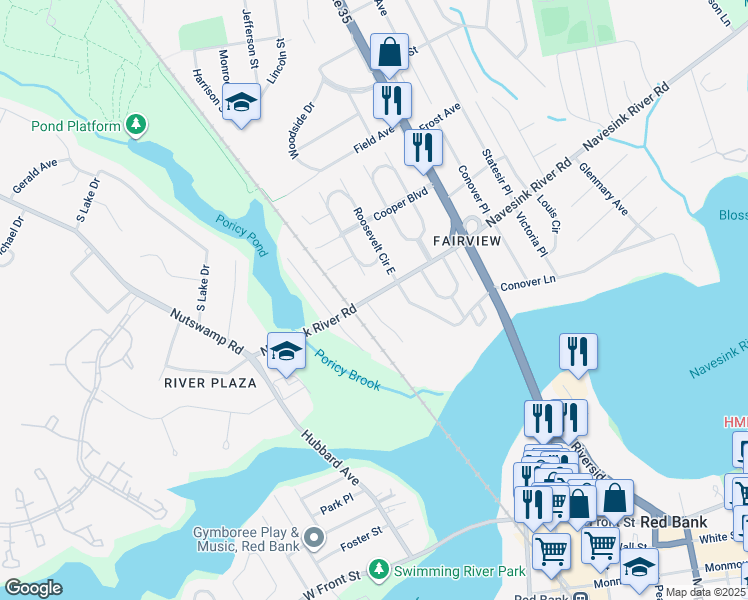 map of restaurants, bars, coffee shops, grocery stores, and more near 1 Navesink River Road in Red Bank