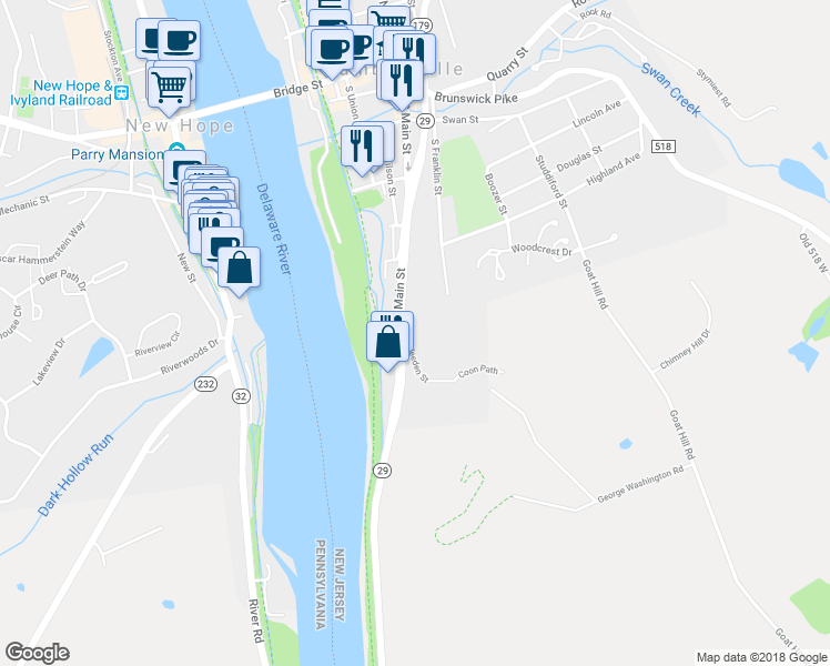 map of restaurants, bars, coffee shops, grocery stores, and more near 10 Weeden Street in Lambertville
