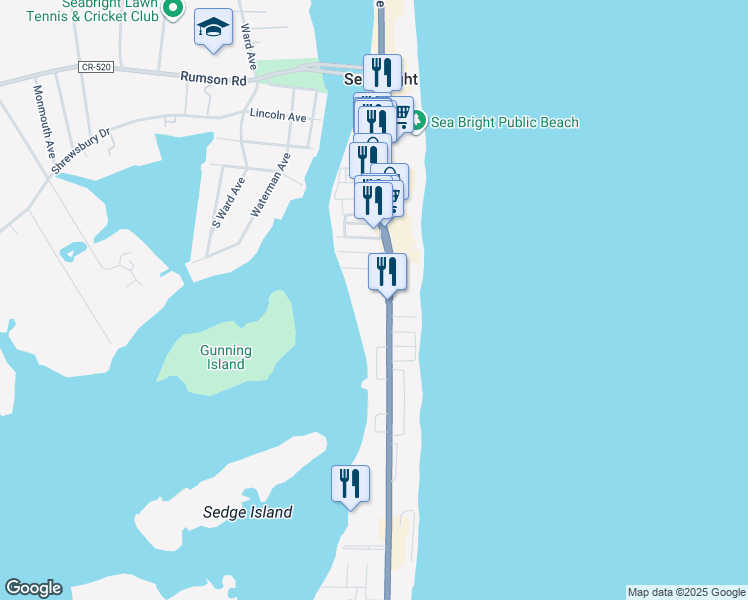 map of restaurants, bars, coffee shops, grocery stores, and more near 1246 Ocean Avenue in Sea Bright