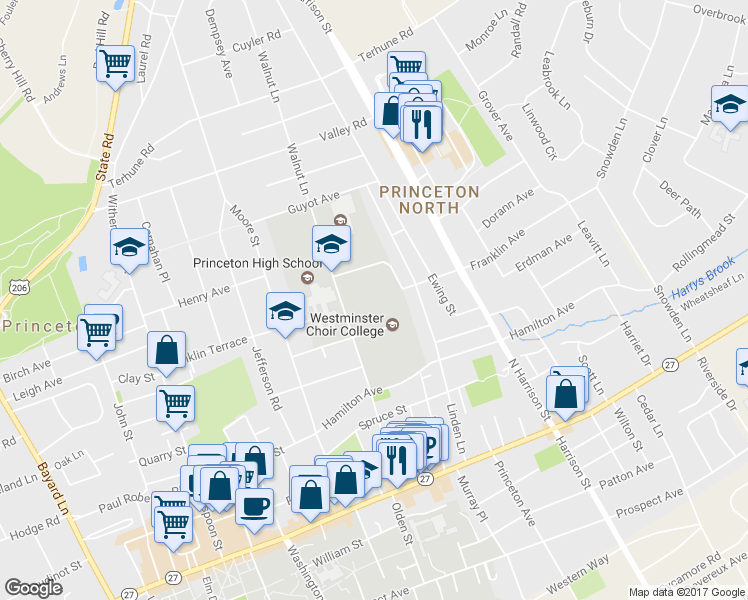 map of restaurants, bars, coffee shops, grocery stores, and more near Walnut Lane in Princeton