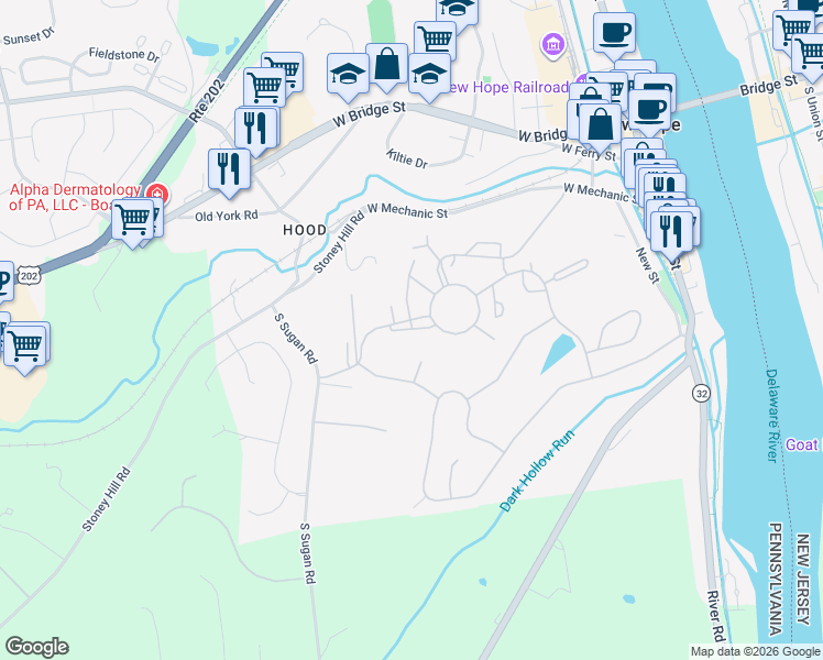 map of restaurants, bars, coffee shops, grocery stores, and more near 109 Summer Lea Court in New Hope