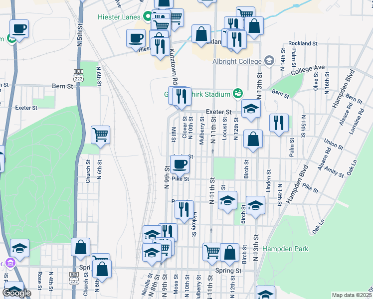 map of restaurants, bars, coffee shops, grocery stores, and more near 1520 North 10th Street in Reading