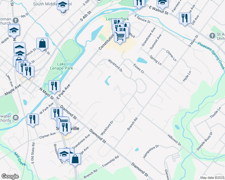 map of restaurants, bars, coffee shops, grocery stores, and more near 612 Mews Drive in Sellersville