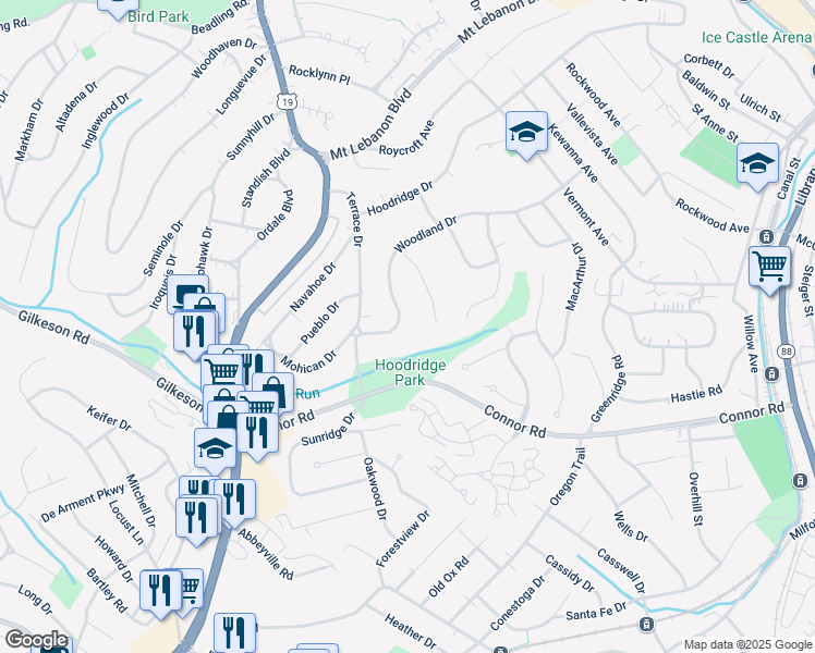 map of restaurants, bars, coffee shops, grocery stores, and more near 12 Woodland Drive in Pittsburgh