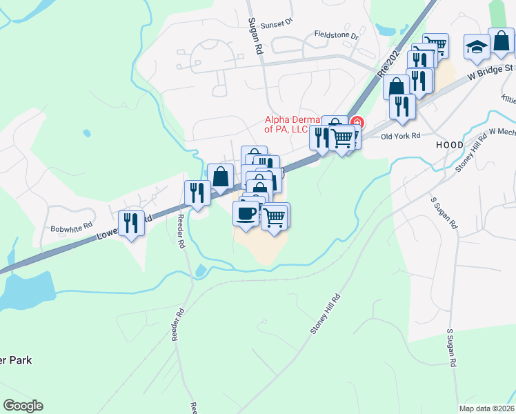 map of restaurants, bars, coffee shops, grocery stores, and more near 4 Village Row in New Hope