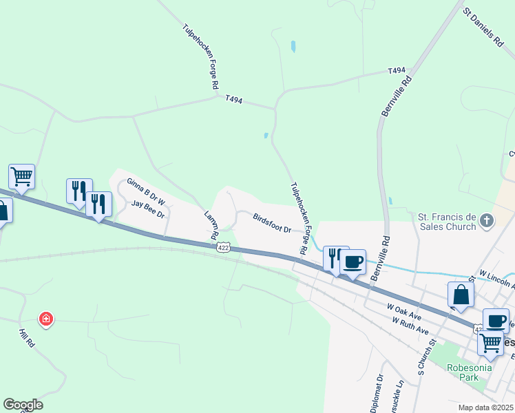 map of restaurants, bars, coffee shops, grocery stores, and more near 20 Birdsfoot Drive in Robesonia