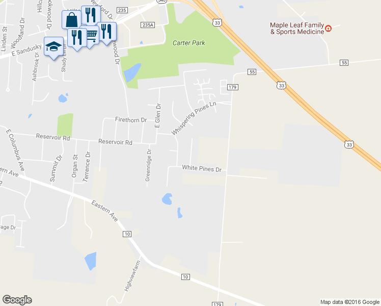 map of restaurants, bars, coffee shops, grocery stores, and more near Belle Pines Court in Bellefontaine