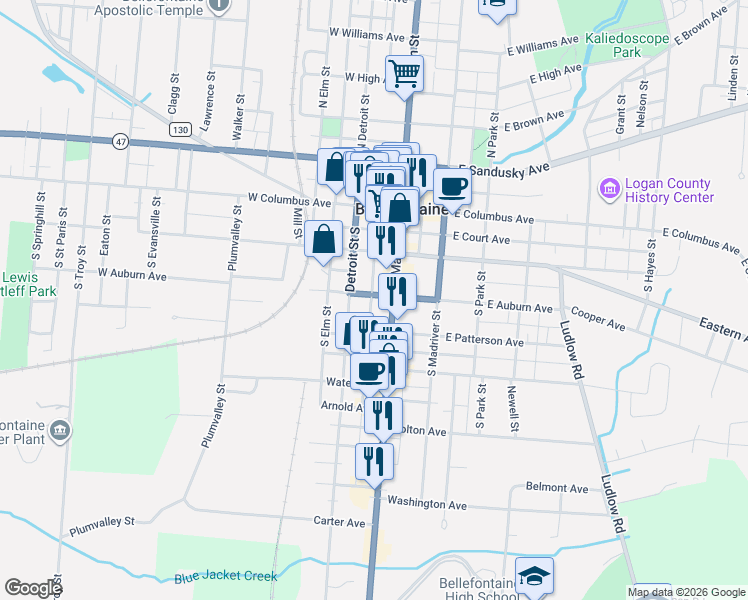 map of restaurants, bars, coffee shops, grocery stores, and more near 317 South Detroit Street in Bellefontaine