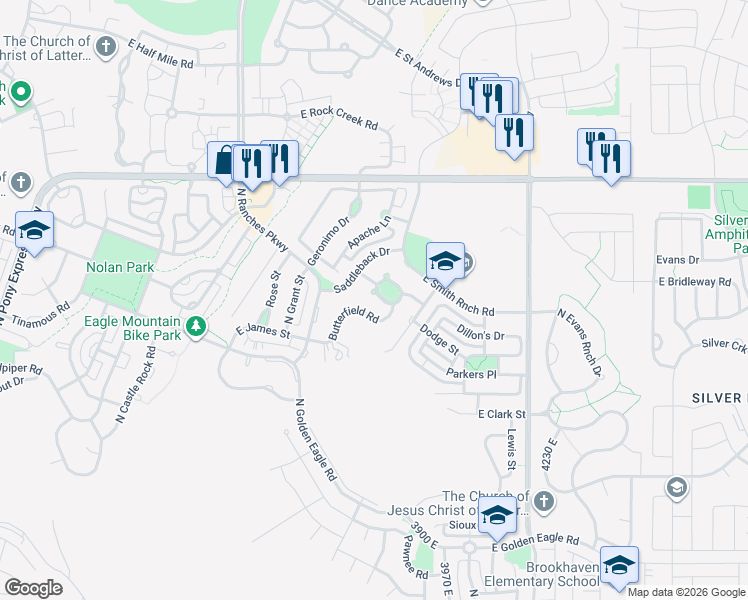 map of restaurants, bars, coffee shops, grocery stores, and more near 3829 East Butterfield Road in Eagle Mountain