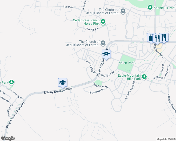 map of restaurants, bars, coffee shops, grocery stores, and more near 7678 Sandpiper Road in Eagle Mountain