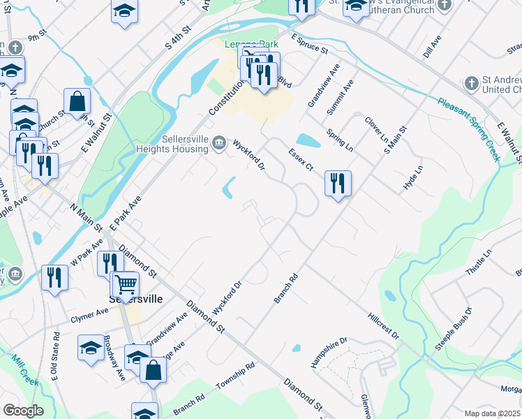 map of restaurants, bars, coffee shops, grocery stores, and more near 1010 Mews Drive in Sellersville