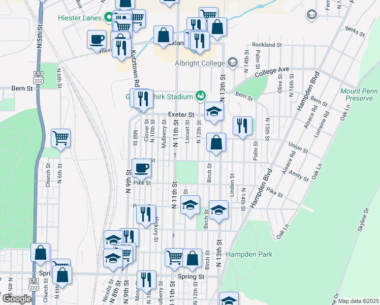 map of restaurants, bars, coffee shops, grocery stores, and more near 1115 Amity Street in Reading
