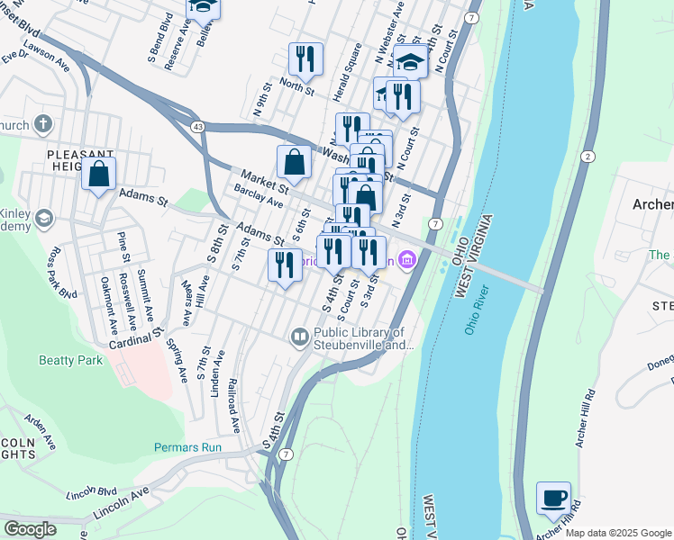 map of restaurants, bars, coffee shops, grocery stores, and more near 200-298 S 4th St in Steubenville