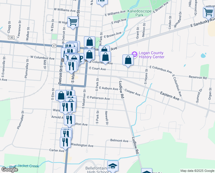 map of restaurants, bars, coffee shops, grocery stores, and more near 316 East Auburn Avenue in Bellefontaine